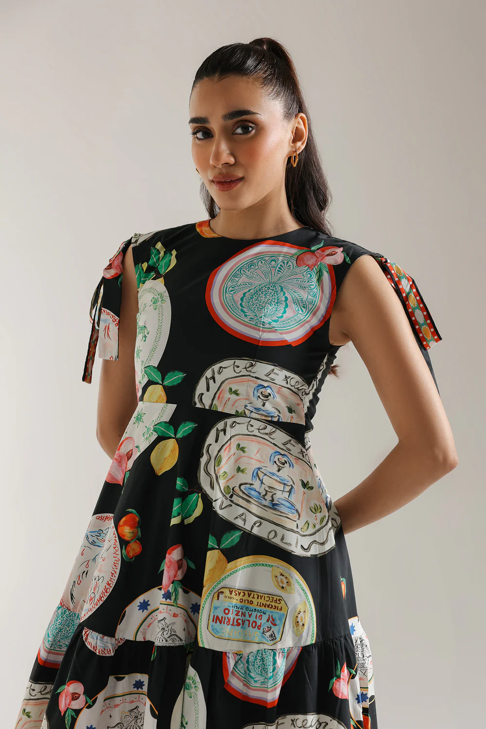 Black Printed Tiered Midi Dress