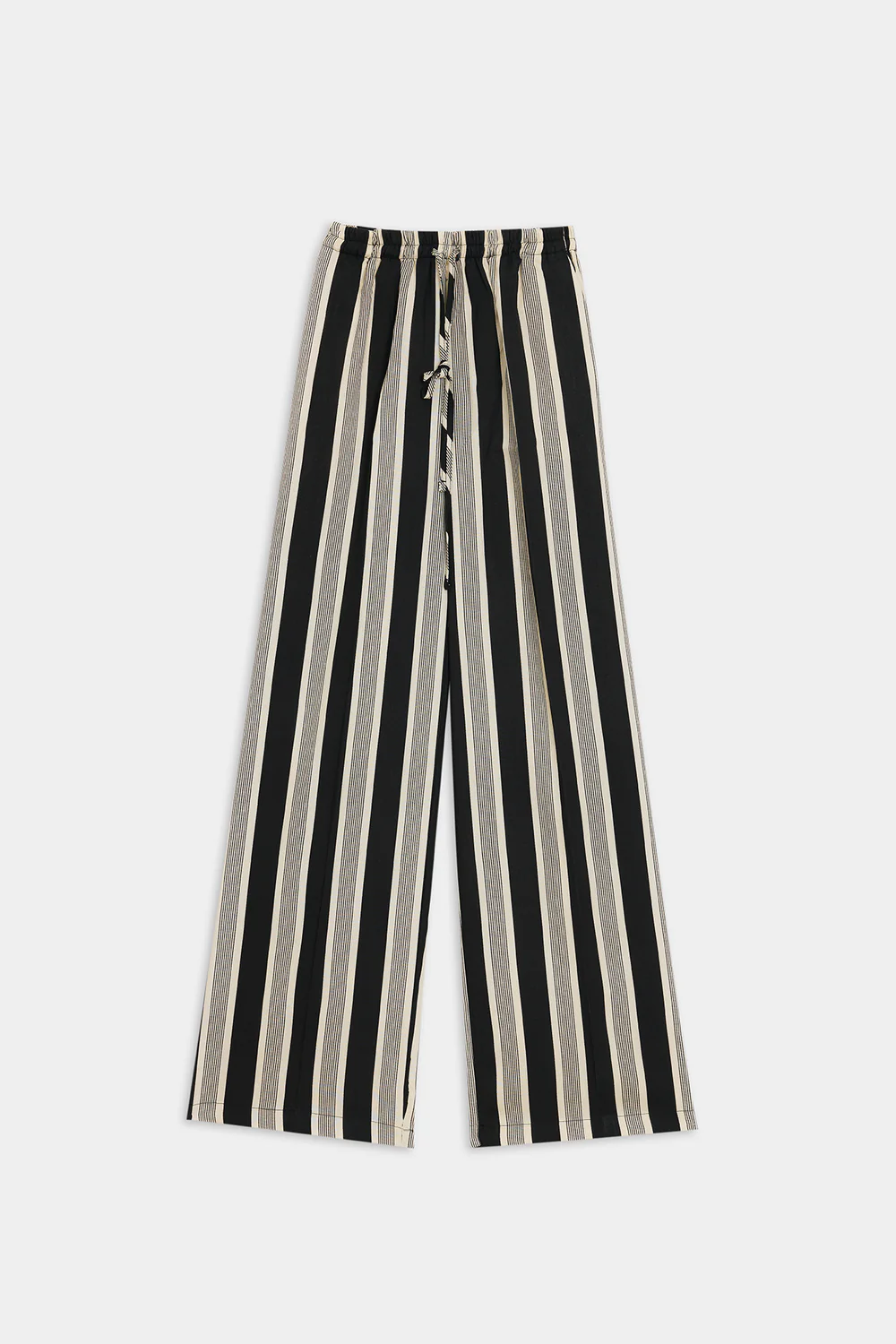 Close-up shot highlighting the sharp linear stripe print and fluid drape of the premium black viscose fabric.