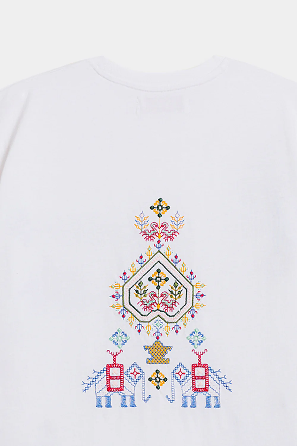 Close-up shot highlighting the intricate, multi-colored geometric and abstract threadwork on the premium crisp white textile.