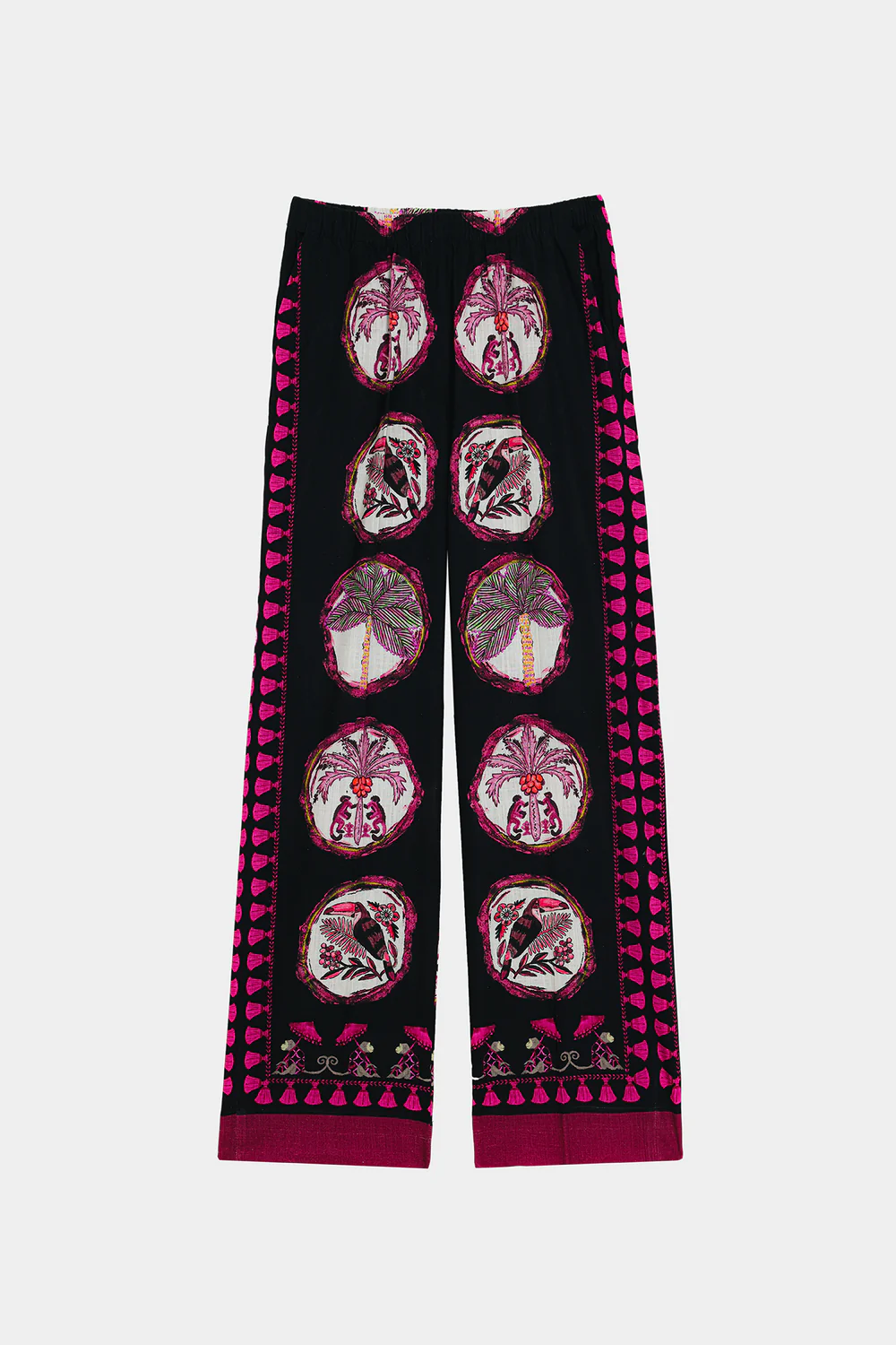Close-up shot highlighting the rich pink and maroon floral pattern on a deep black, premium fabric canvas.