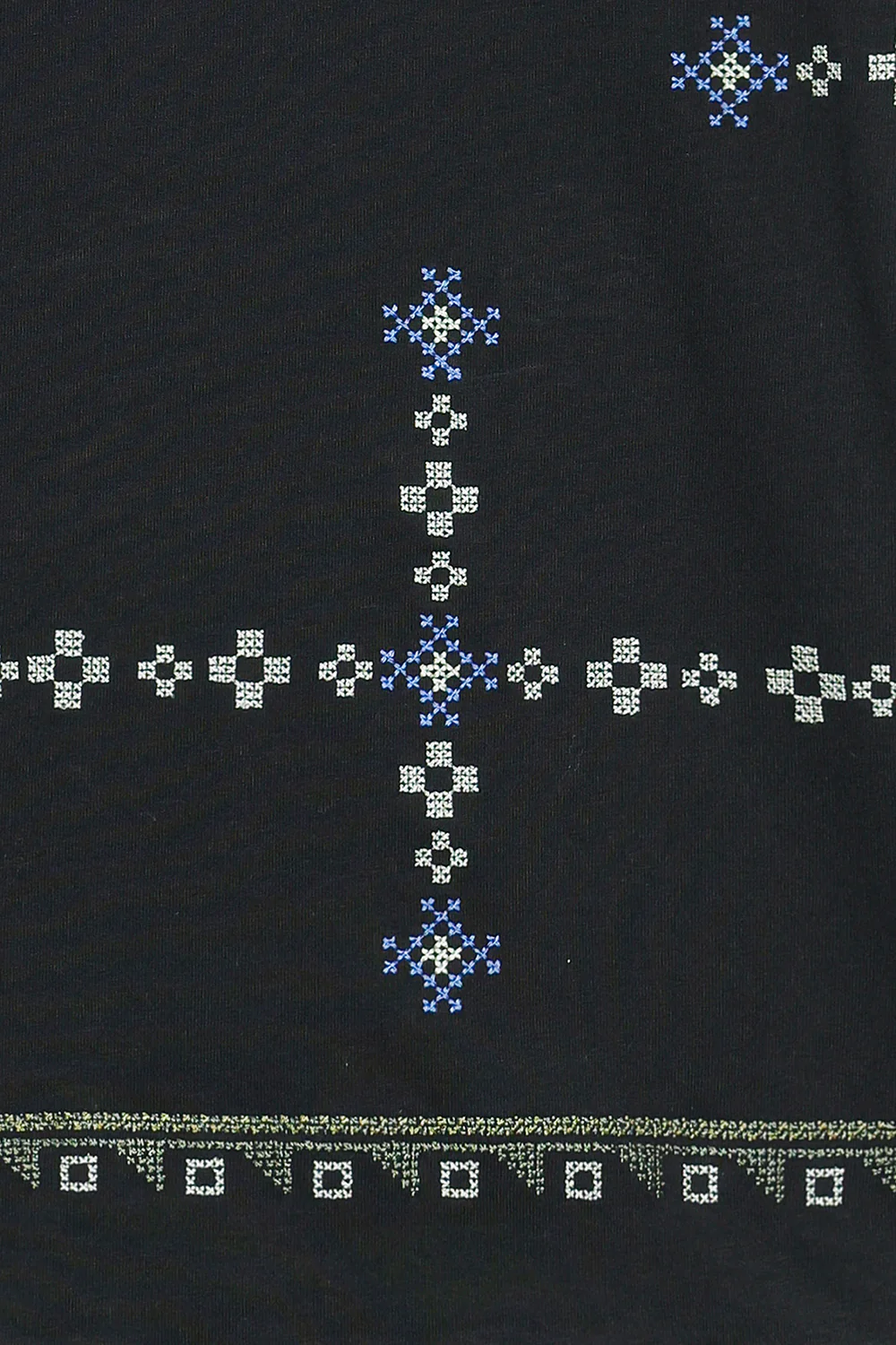 Close-up shot highlighting the intricate, multi-colored geometric and abstract threadwork on the premium deep black textile.
