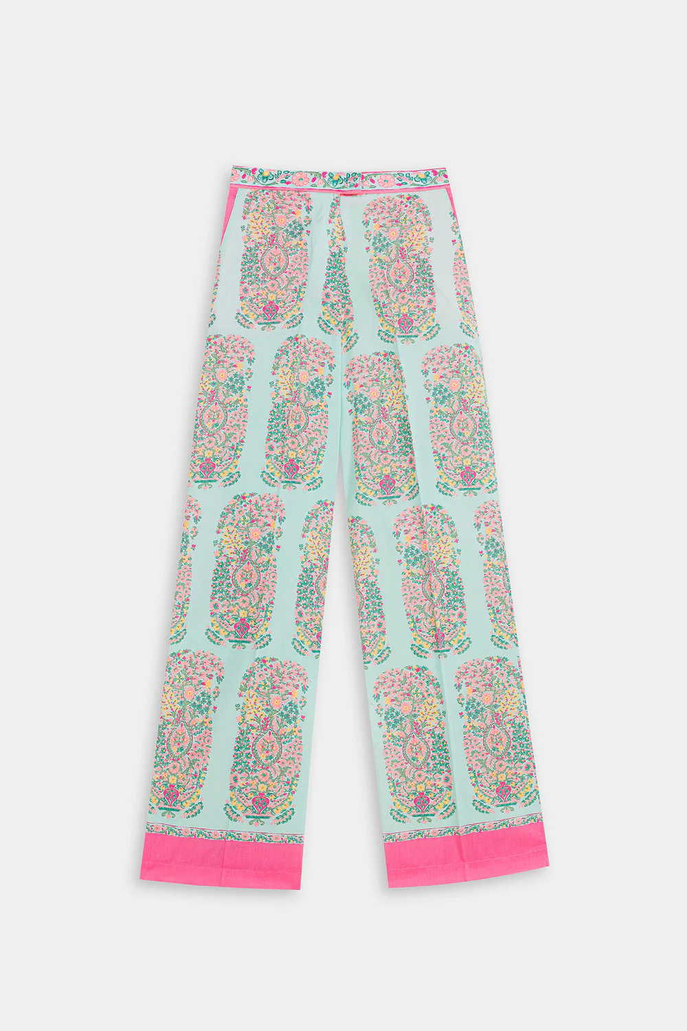 Close-up shot highlighting the vibrant, heritage-inspired paisley print and structured drape of the premium pale pink textile.