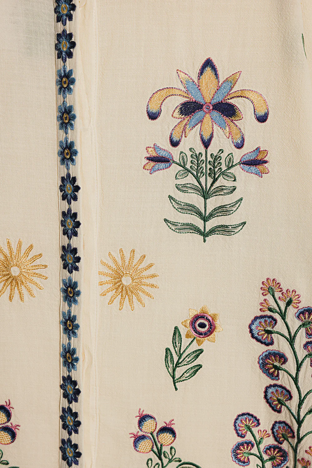 Close-up shot highlighting the intricate multi-colored botanical embroidery on the premium creamy vanilla ice canvas.