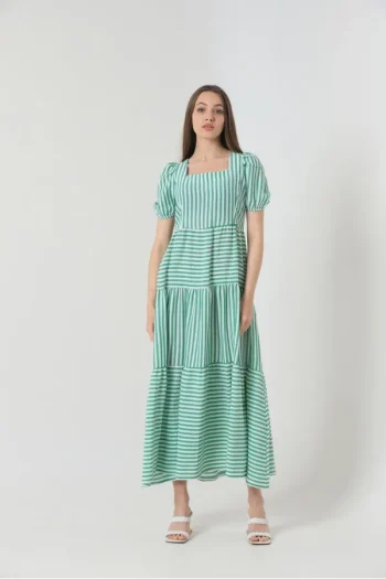 Women's emerald green striped long maxi dress with relaxed fit