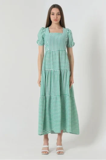 Women's emerald green striped long maxi dress with relaxed fit