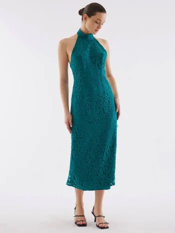 Women's green lace halter neck dress with delicate pattern and elegant fit
