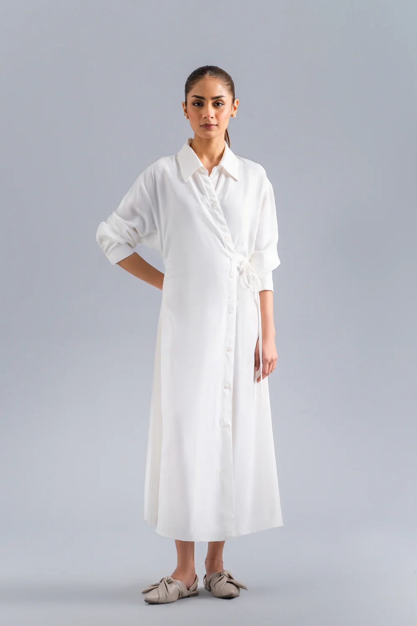 Front view of off-white button-down dress with drawstring waist tie