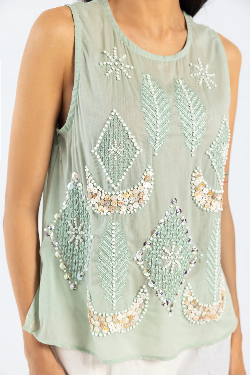 Close-up of embroidery and bead details on aqua kurti