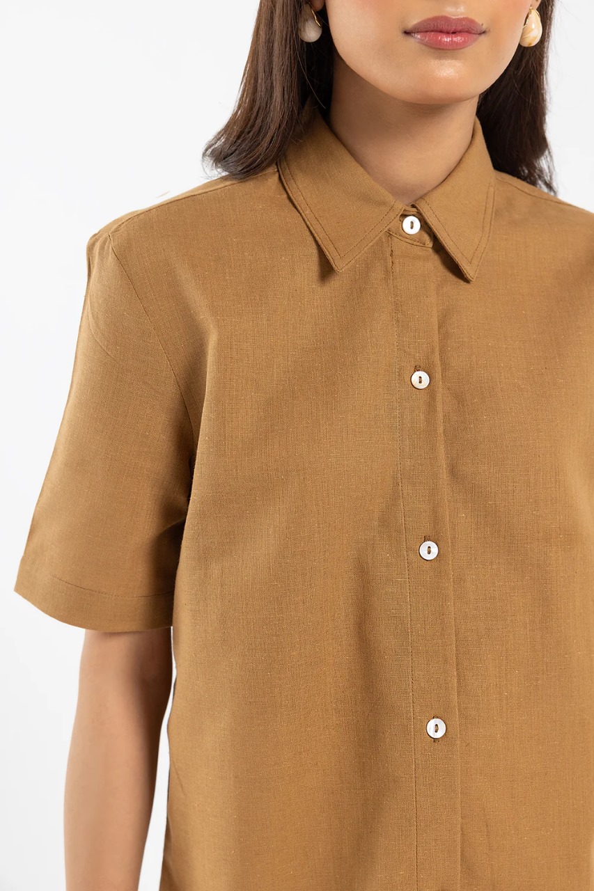 Front view of contemporary brown cotton linen shirt